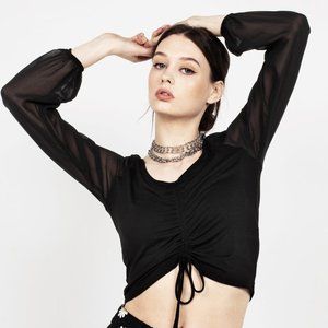 Disturbia Maria Ruched Sheer Sleeve Black Crop Top, US 12/UK 16